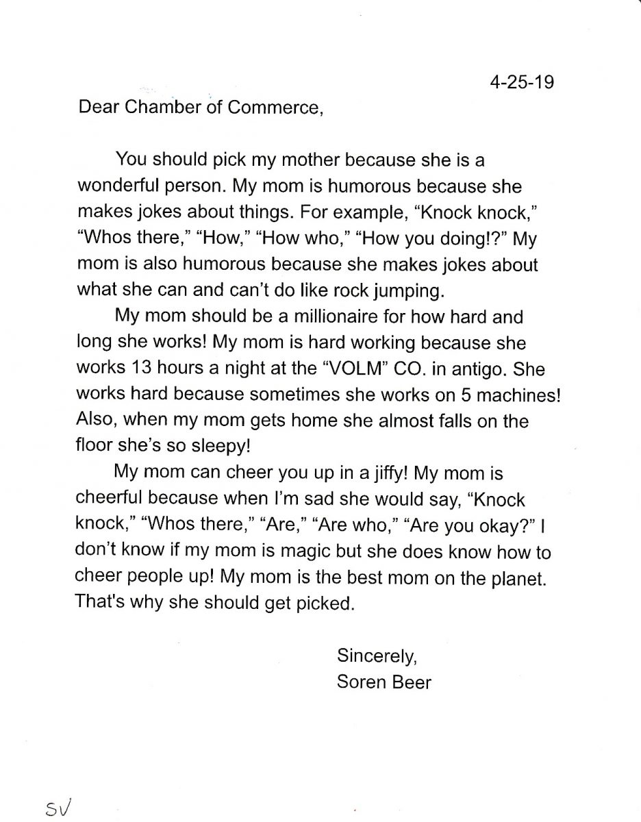 Mother of the Year Letter-Soren Beer 2nd Place - K-5